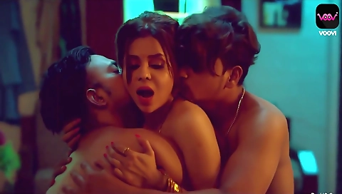 Busty brunette threesome with big boobs and a dude