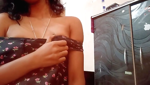 Busty brunette amateur with small tits is masturbating