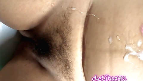 Indian hairy teen cumshot on her hairy navel and shaved hole