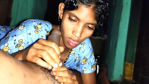 Teen with a small body giving a blowjob to a stepbrother