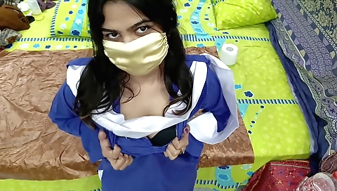 Indian brunette in school uniform in a first time orgasm