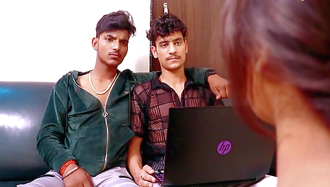 Indian brunette and her young stepson having a threesome