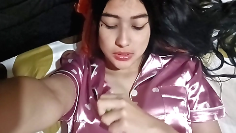 Amateur brunette solo female takes a phone and shows it off
