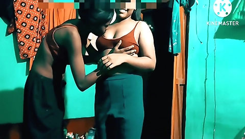 Slutty lesbian in sexy night with a couple of fans