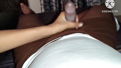 Handjob with a girl with small tits and a pair of legs